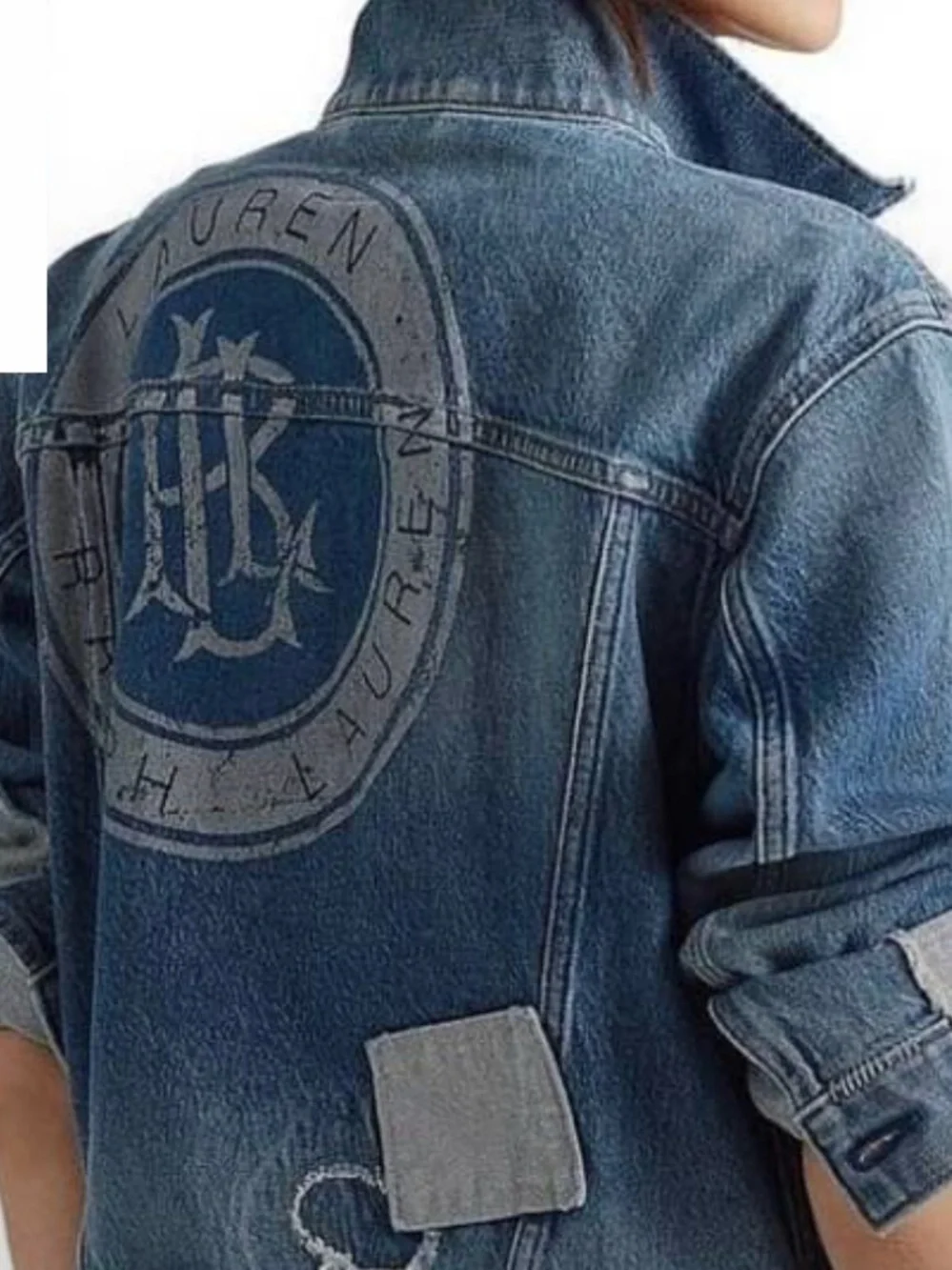RALPH LAUREN Womens Patchwork Big Logo Denim Jacket Blue XXS Crop Distressed - Picture 3 of 10